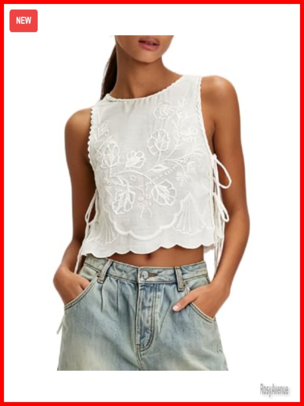 Polyester Blend Cropped Tank Top Floral Embroidered Side Tie Square Neck